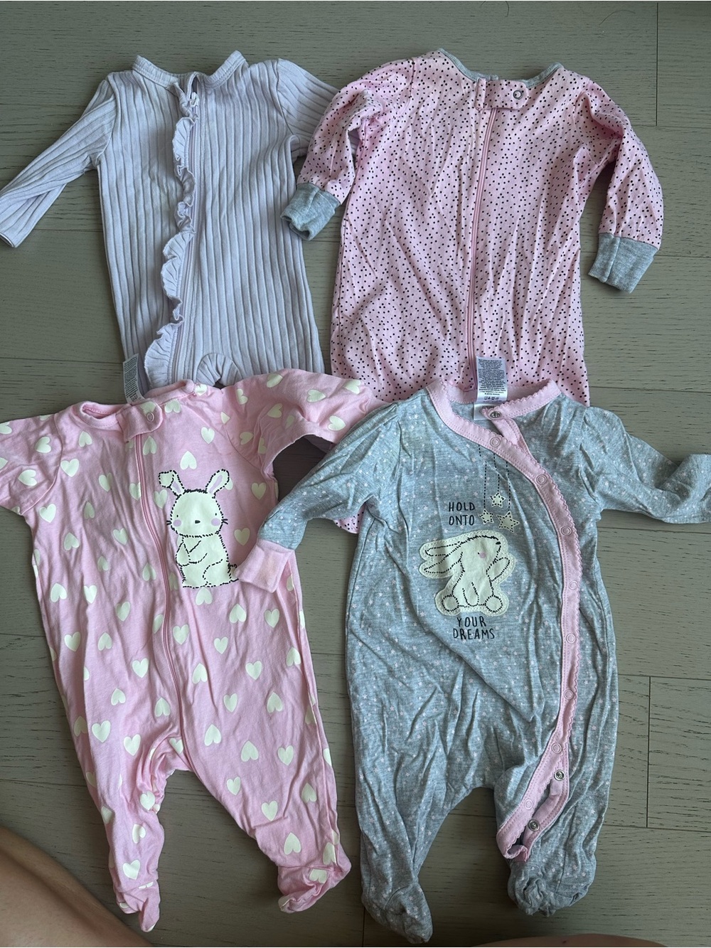 Gerber Pink & Gray Baby Footie Sleepers - Bunny & Heart Prints